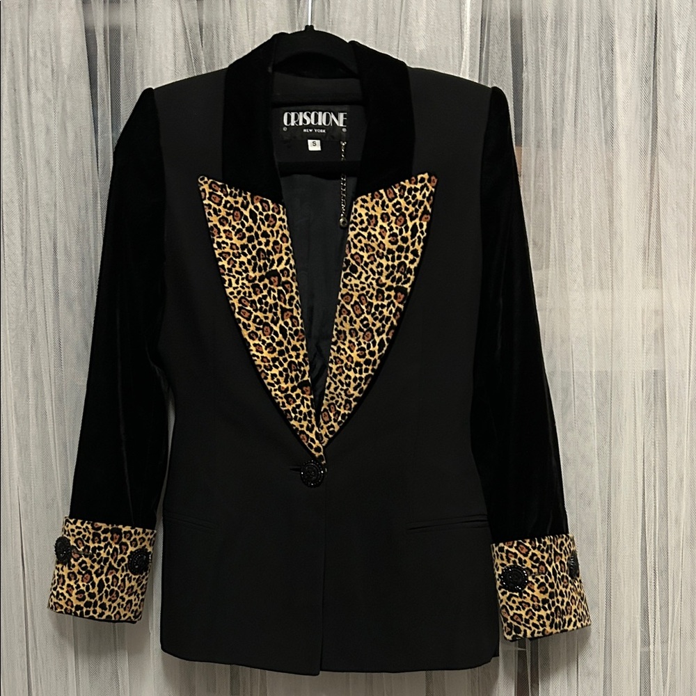 Vintage CRISCIONE Chic Black Blazer with Leopard Print Accents.  size S